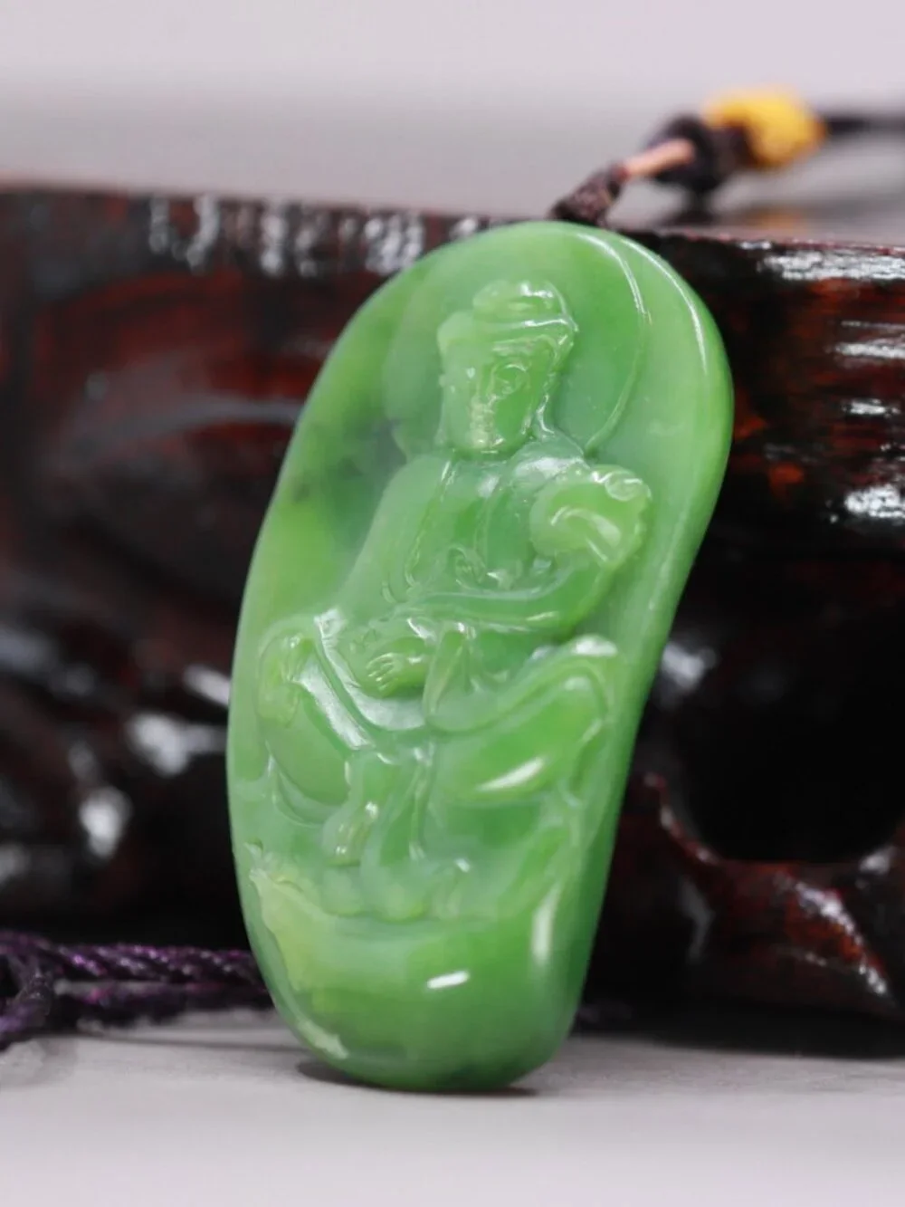 Chinese Green Hetian Jade Pendant w Guanyin & Ruyi